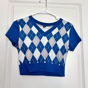 Shein (S) Blue Argyle Print Crop Top Baby Tee w/ V-neck